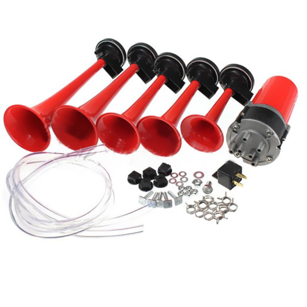 Bocina 5 Cornetas C/Compresor Aire Para Auto Camioneta 12V - Sonido Sonoro Cancion "LA CUCARACHA" - Mod.BO5CU12V