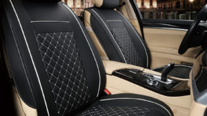 Fundas Cubre Asientos Auto Simil Cuero Delanteras & Traseras Negro + Costura Gris/Blanco Gran Calidad Mod.C006-G