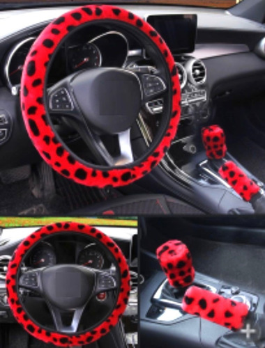 Cubre Volante Forro + Cubre Palanca Cambios + Cubre Varilla Freno Mano Animal Print Rojo/Negro Diámetro 38cm - Imagen 2