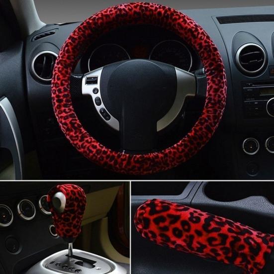 Cubre Volante Forro + Cubre Palanca Cambios + Cubre Varilla Freno Mano Animal Print Rojo/Negro Diámetro 38cm - Imagen 4