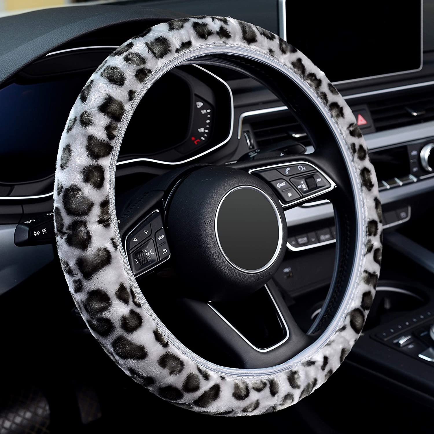Cubre Volante Forro + Cubre Palanca Cambios + Cubre Varilla Freno Mano Animal Print Gris/Negro Diámetro 38cm - Imagen 3