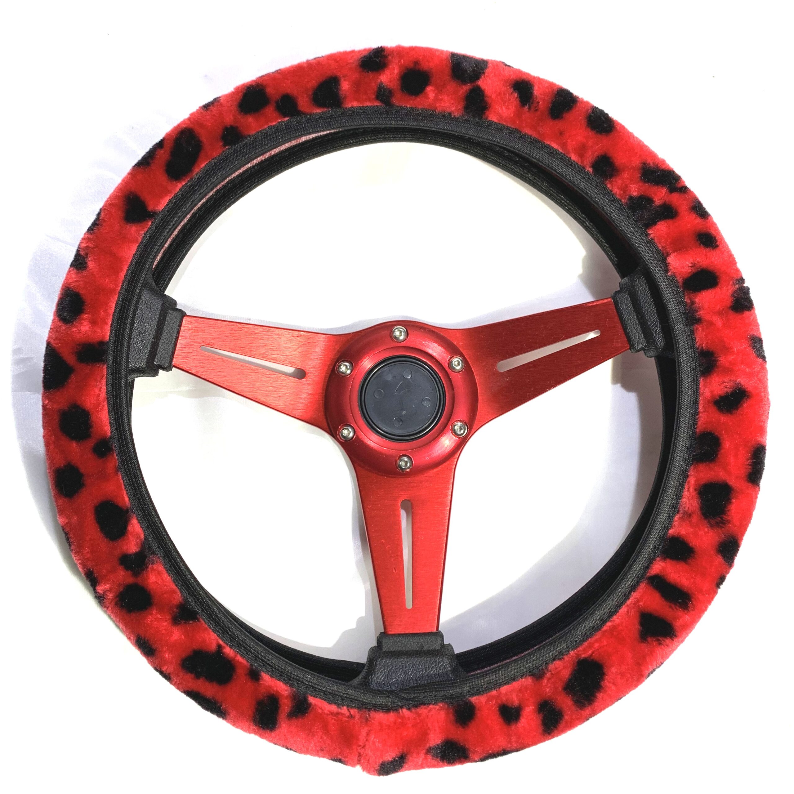 Cubre Volante Forro + Cubre Palanca Cambios + Cubre Varilla Freno Mano Animal Print Rojo/Negro Diámetro 38cm - Imagen 12
