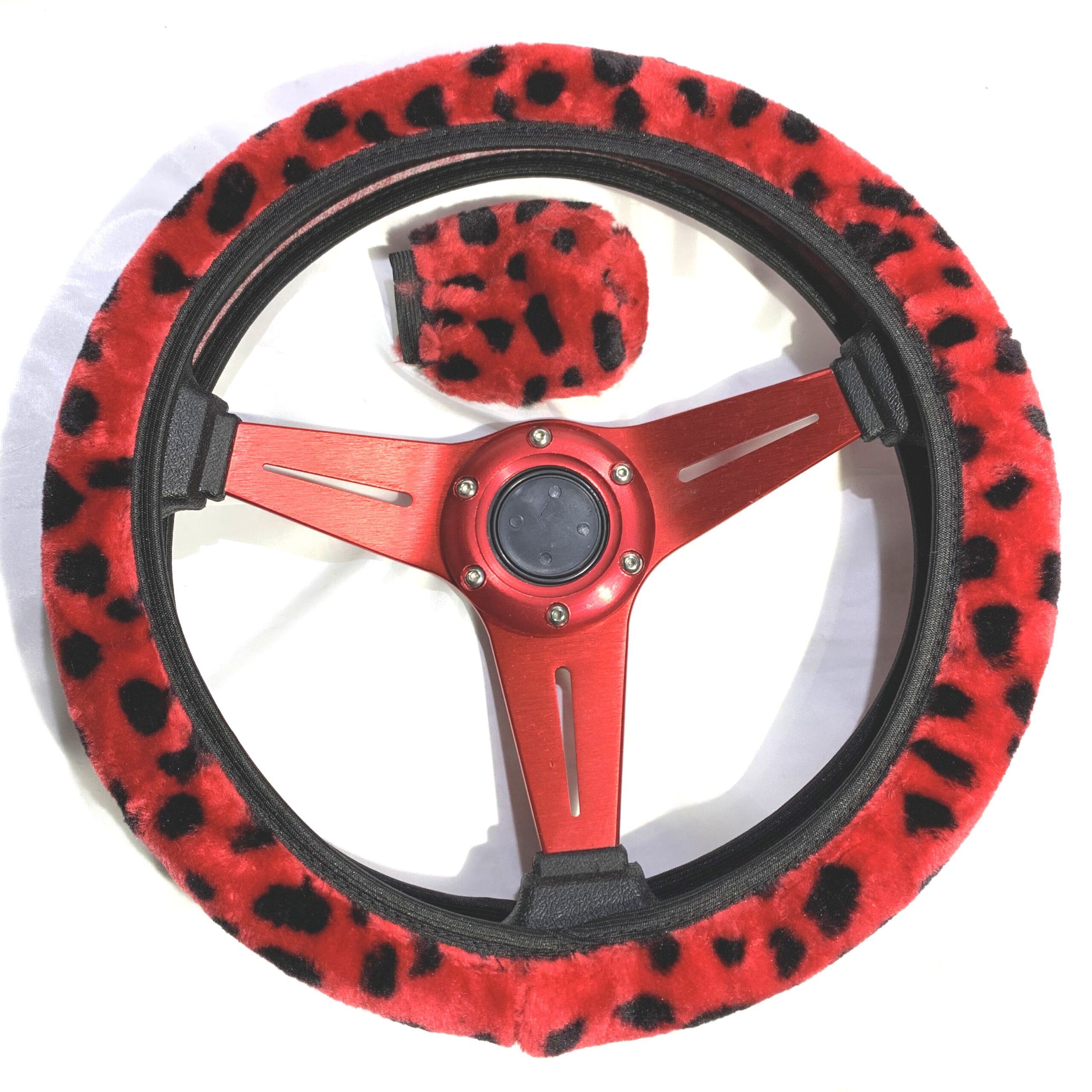 Cubre Volante Forro + Cubre Palanca Cambios + Cubre Varilla Freno Mano Animal Print Rojo/Negro Diámetro 38cm - Imagen 9