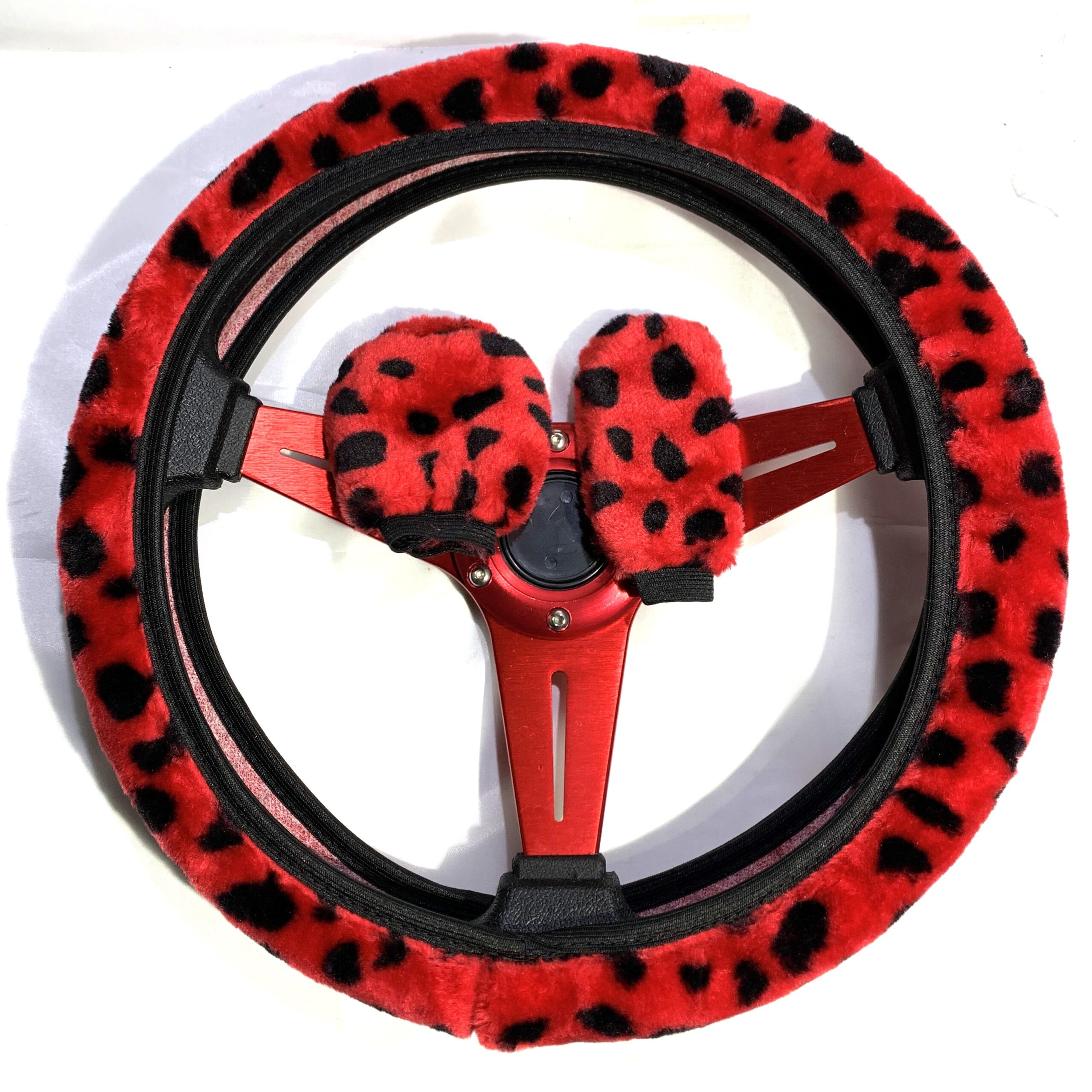 Cubre Volante Forro + Cubre Palanca Cambios + Cubre Varilla Freno Mano Animal Print Rojo/Negro Diámetro 38cm - Imagen 8