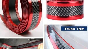 Moldura Simil Fibra Carbono Autoadhesiva C/Borde Cromado Rojo/Silver 3cm x Metro Protector Pisaderas / Laterales Automóvil