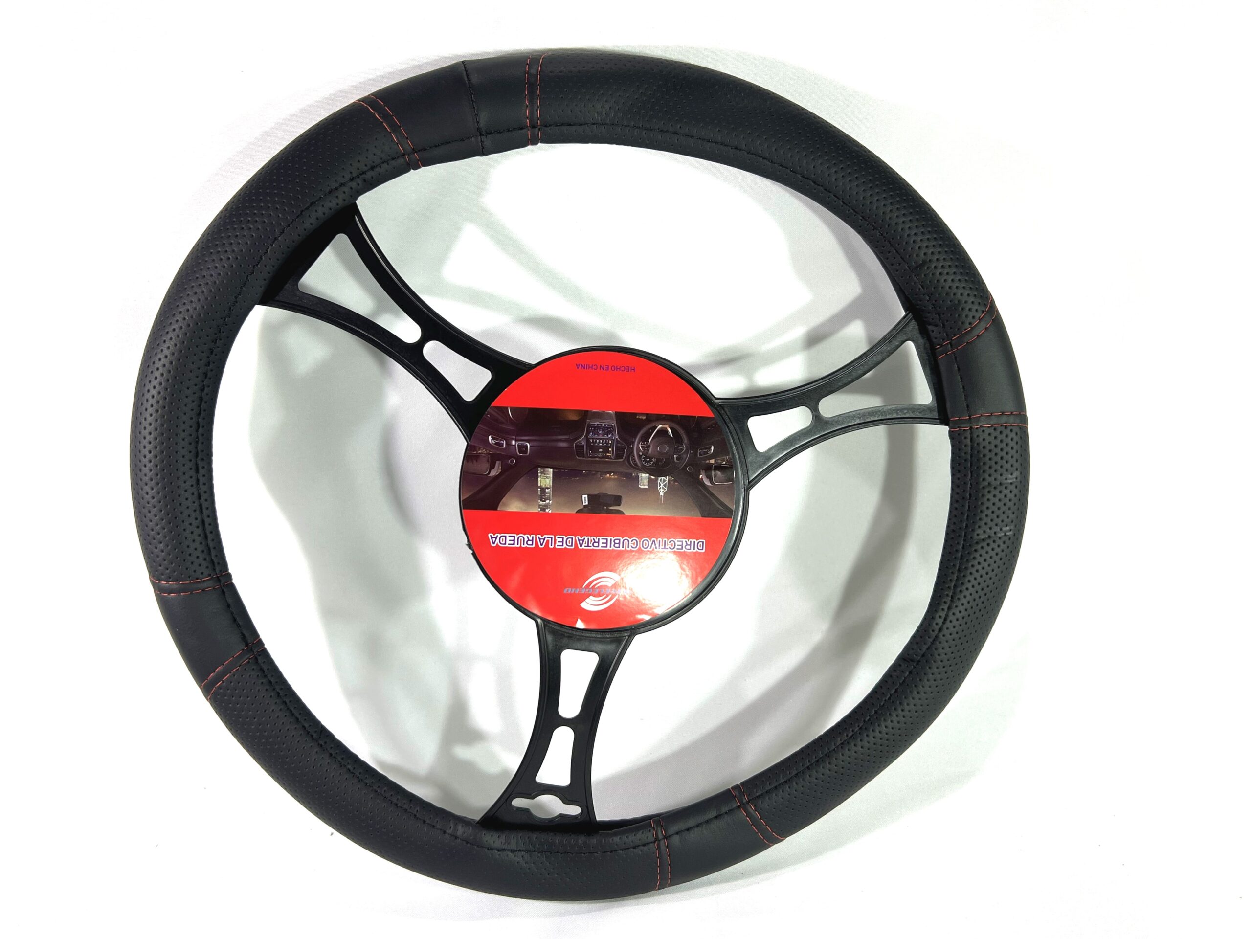 Cubre Volante Universal Simil Cuerina - Costura Hilo Rojo - Diámetro 38cm - Imagen 5