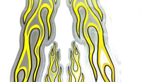 Sticker Pegotin Calco Autoadhesivo Llamas Fuego Verde-Amarillo Pack x 4 / 44cmx8cm x2 / 14cmx3cm x2