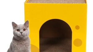 Casita & Rascador Doble Cartón P/Mascotas Gatos Talle S / Amarillo / 30cmx30cmx30cm - Mod.YKCT-00062S