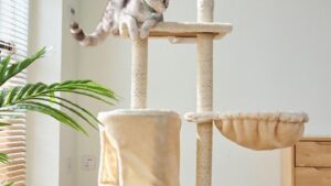 Árbol P/ Gatos Beige / C/Rascador + Cama Nido + Rascador Vertical + Juegos Interactivos + Casita / 5 Niveles / 50cmx35cmx140cm - Mod.CTS040