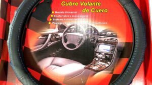 Cubre Volante Cuero Negro Diámetro 38cm - C/Costuras & Detalles Azul Mod.B730