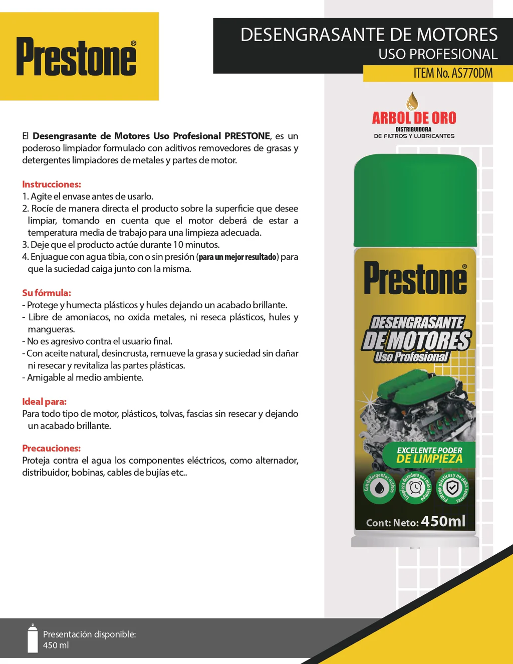 Aerosol Limpiador Desengrasante Lava Limpia Motores PRESTONE 450ml Mod.770DM - Imagen 5