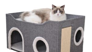 Casita 2 Pisos & Rascador Lateral / Tela & Madera + Juego Pelota P/Mascotas Gatos Talle M / Color Gris / 60cmx40cmx35cm - Mod.YKBD-RD0303