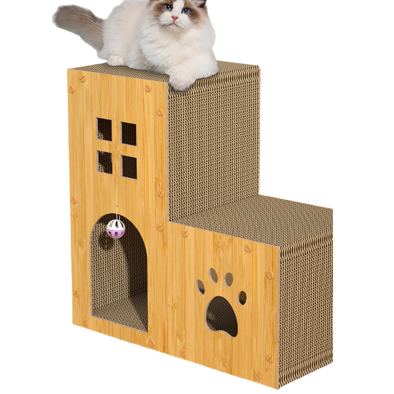 Casita-Rascador 2 Escalones C/Juego Pelota / Cartón & Madera P/Gatos Medianos / Talle M / 45cmx45cmx23cm /Mod.YKPT-RD0051 - Imagen 3