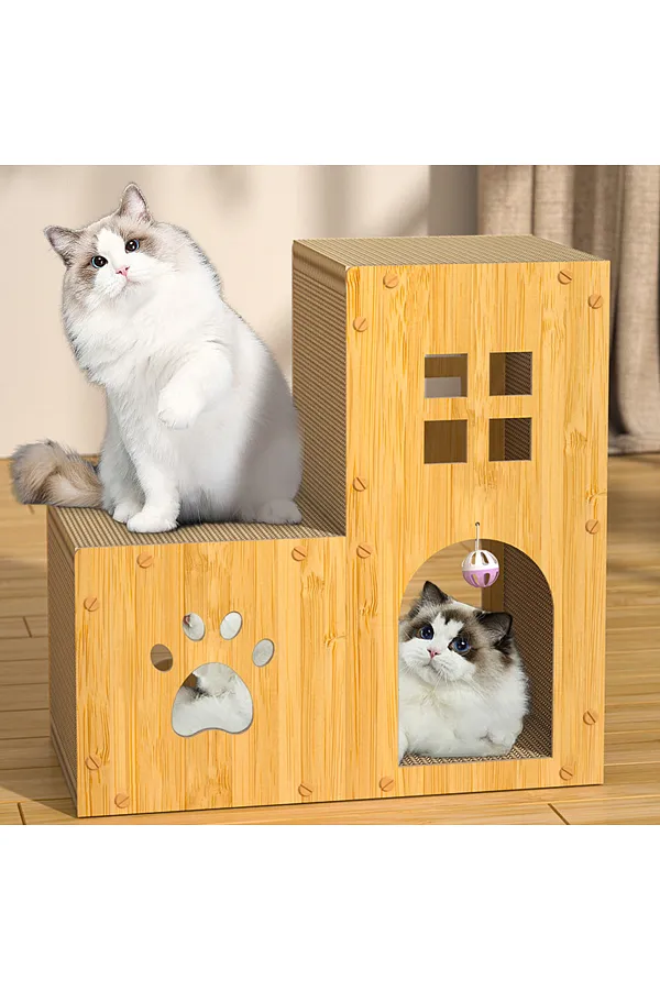 Casita-Rascador 2 Escalones C/Juego Pelota / Cartón & Madera P/Gatos Medianos / Talle M / 45cmx45cmx23cm /Mod.YKPT-RD0051