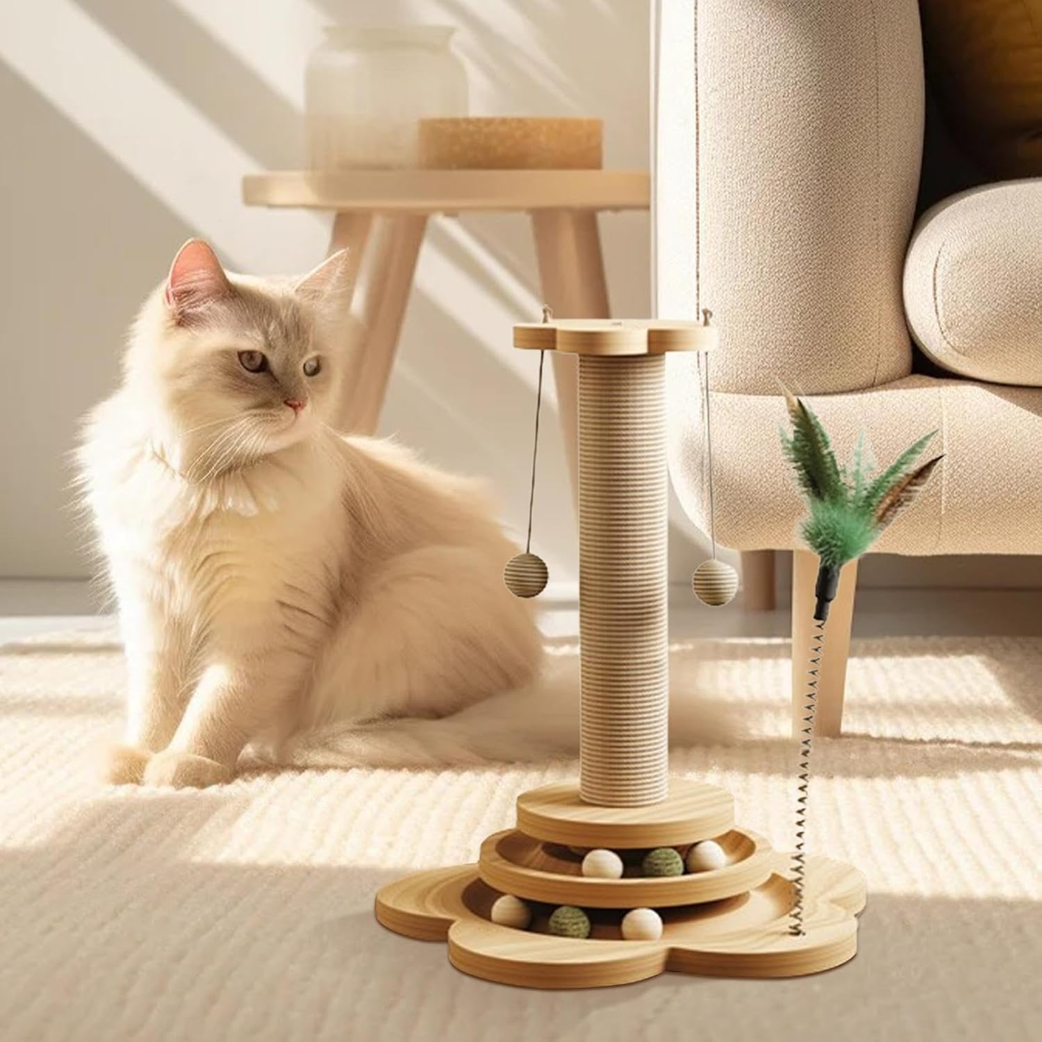 Arbol Rascador Madera & Sisal / Torre Pelotas 2 Pisos / Pelotas Colgantes / Pluma Resorte / 28x28x40cm - Mod.YKCTRD-0102