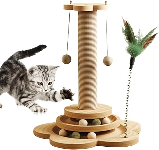 Arbol Rascador Madera & Sisal / Torre Pelotas 2 Pisos / Pelotas Colgantes / Pluma Resorte / 28x28x40cm - Mod.YKCTRD-0102 - Imagen 6