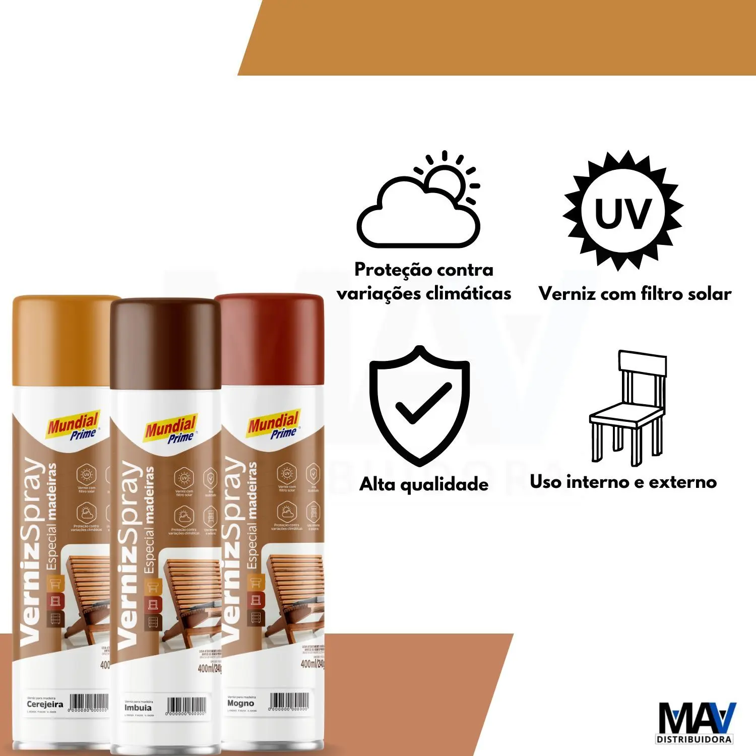 Aerosol Barniz Madera / Protector UV / Mundial Prime / Secado Rápido / 400ml - Colores : Natural - Mogno - Imbuia - Cerejeira - Cast. Freijo - Imagen 2