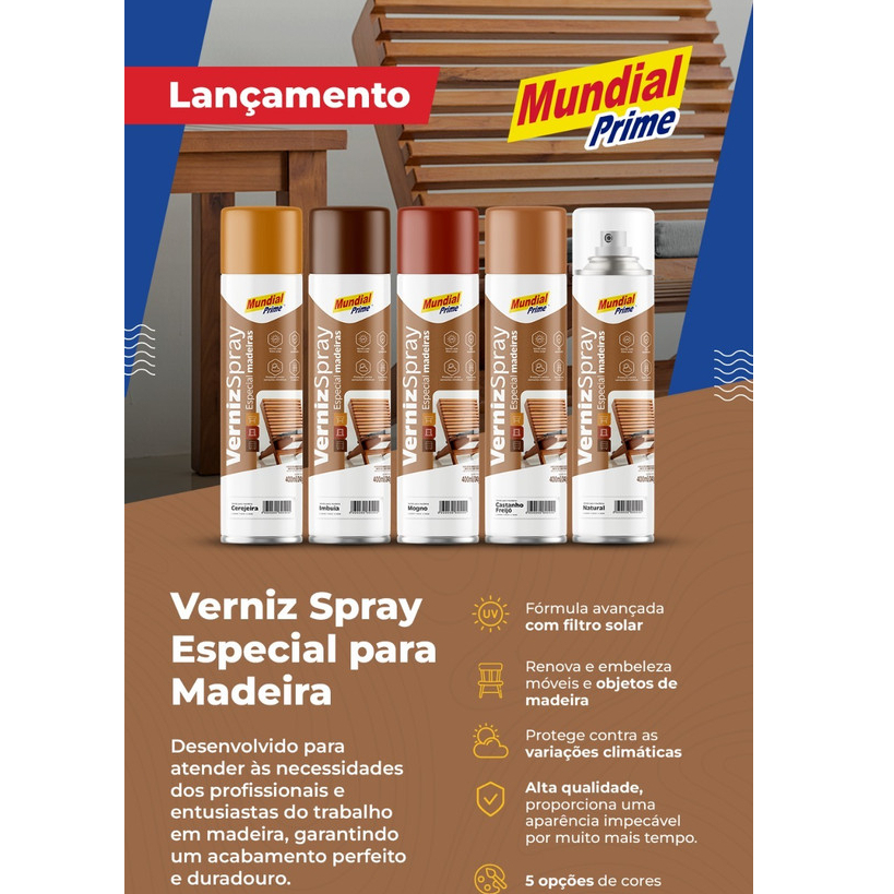 Aerosol Barniz Madera / Protector UV / Mundial Prime / Secado Rápido / 400ml - Colores : Natural - Mogno - Imbuia - Cerejeira - Cast. Freijo - Imagen 5