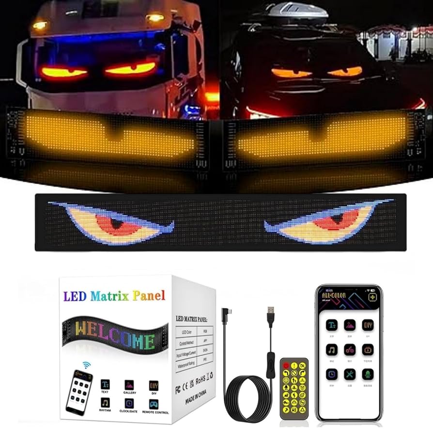 Pantalla Mini Panel Led /Autoadhesivo P/Luneta-Parabrisas Automóvil Ojos Leds / Texto / Símbolos / Advertencias / Emoticons / Programable / Etc. - Conexión Puerto USB / Control - Celular Bluethoot / Ventanas Hogar / Negocio / Oficina - 110mmx348mm - Mod.1241 - Imagen 2