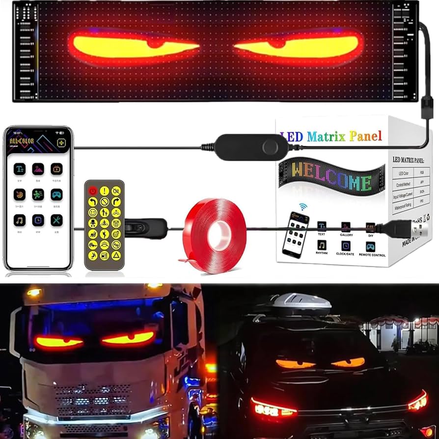 Pantalla Mini Panel Led /Autoadhesivo P/Luneta-Parabrisas Automóvil Ojos Leds / Texto / Símbolos / Advertencias / Emoticons / Programable / Etc. - Conexión Puerto USB / Control - Celular Bluethoot / Ventanas Hogar / Negocio / Oficina - 110mmx348mm - Mod.1241 - Imagen 8