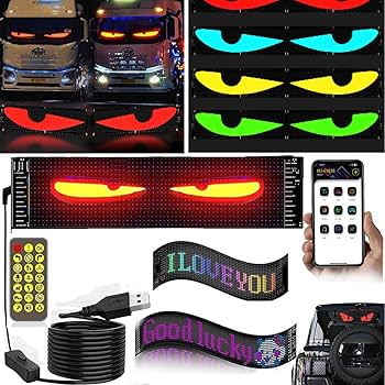 Pantalla Mini Panel Led /Autoadhesivo P/Luneta-Parabrisas Automóvil Ojos Leds / Texto / Símbolos / Advertencias / Emoticons / Programable / Etc. - Conexión Puerto USB / Control - Celular Bluethoot / Ventanas Hogar / Negocio / Oficina - 110mmx348mm - Mod.1241