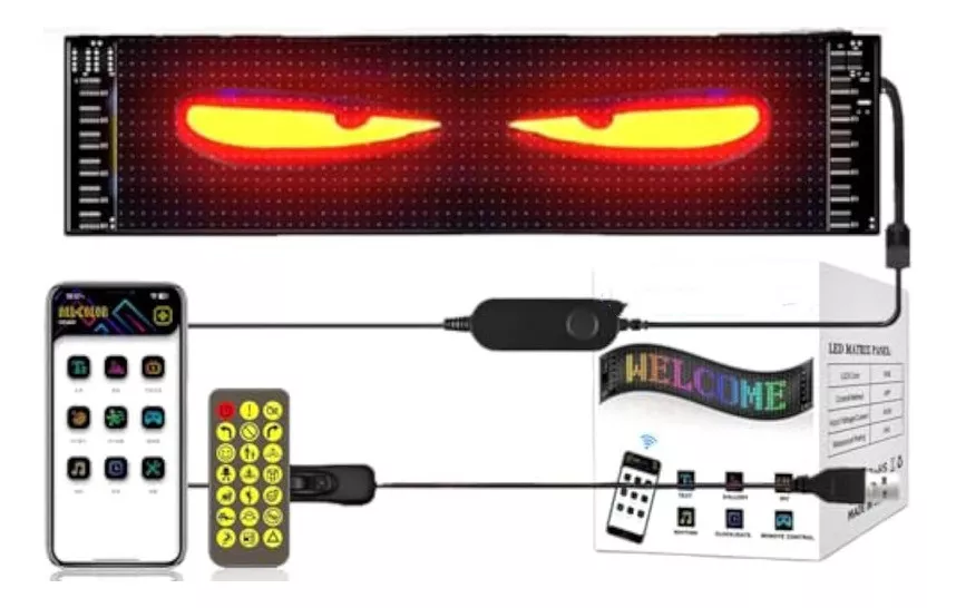 Pantalla Mini Panel Led /Autoadhesivo P/Luneta-Parabrisas Automóvil Ojos Leds / Texto / Símbolos / Advertencias / Emoticons / Programable / Etc. - Conexión Puerto USB / Control - Celular Bluethoot / Ventanas Hogar / Negocio / Oficina - 110mmx348mm - Mod.1241 - Imagen 15