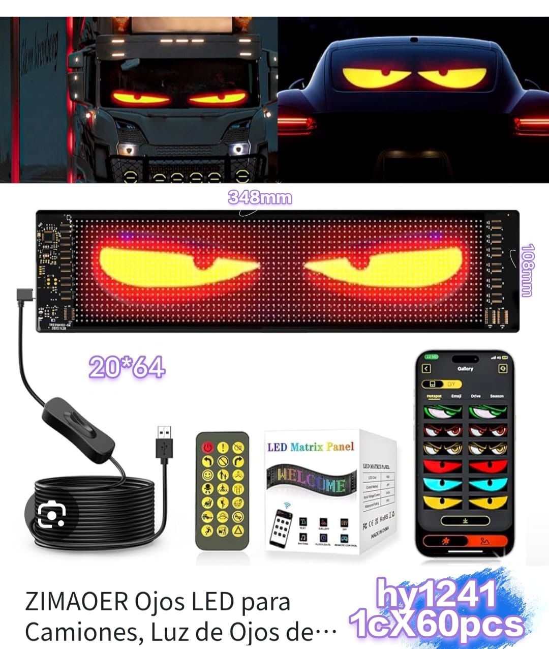 Pantalla Mini Panel Led /Autoadhesivo P/Luneta-Parabrisas Automóvil Ojos Leds / Texto / Símbolos / Advertencias / Emoticons / Programable / Etc. - Conexión Puerto USB / Control - Celular Bluethoot / Ventanas Hogar / Negocio / Oficina - 110mmx348mm - Mod.1241 - Imagen 12