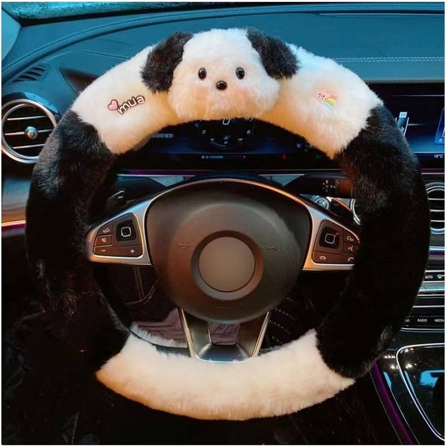 Cubre Volante Universal Felpa Suave Elegante / Diámetro 38cm / Blanco & Negro / Diseño - Perro / Damas - Mod.DOG1