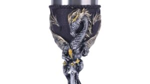 Copa Cádiz  Decorativa Dragon + Espada Medieval / Material : Imágenes Medievales Resina & Recipiente Acero Inoxidable / Vinos - Champagne - Cocktail Etc. / 8x17.5cm /Capacidad 200ml  - Mod.DRA72D