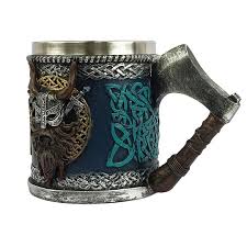 Taza Jarra Decorativa Guerrero Nórdico + Asa Hacha / Vikingo - Medieval / Material : Imagenes Medievales Resina & Recipiente Acero Inoxidable / Cerveza - Refrescos - Cafe - Etc. / 16.5x9.5x12cm / Capacidad 450ml - Mod.WJA15 - Imagen 3