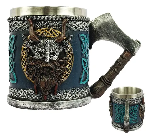 Taza Jarra Decorativa Guerrero Nórdico + Asa Hacha / Vikingo - Medieval / Material : Imagenes Medievales Resina & Recipiente Acero Inoxidable / Cerveza - Refrescos - Cafe - Etc. / 16.5x9.5x12cm / Capacidad 450ml - Mod.WJA15 - Imagen 2