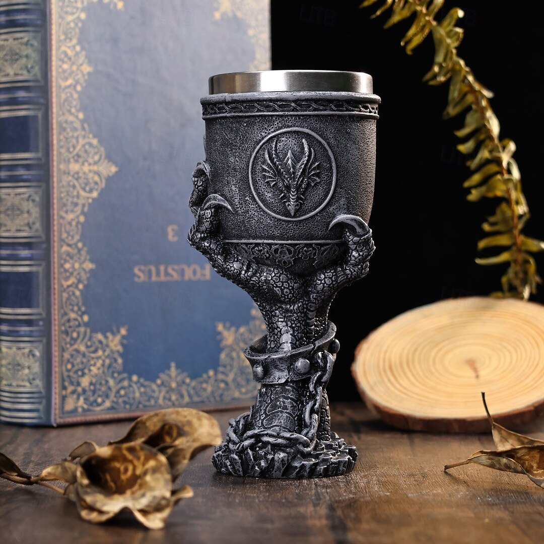 Copa Cádiz Decorativa Dragon Nórdico Medieval / Material : Imágenes Medievales Resina & Recipiente Acero Inoxidable / Vinos - Champagne - Cocktail Etc. / 8x17.5cm /Capacidad 200ml - Mod.DRA61A