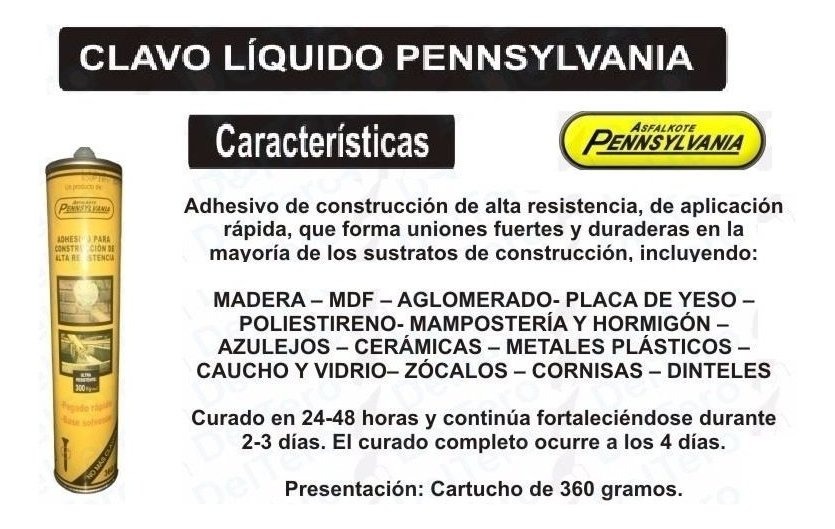 Pegamento Adhesivo Construcción Alta Adherencia / Clavo Liquido / Madera - Mampostería - Yeso - Hormigón - Etc / Pensylvania / Tubo x 360ml - Imagen 3