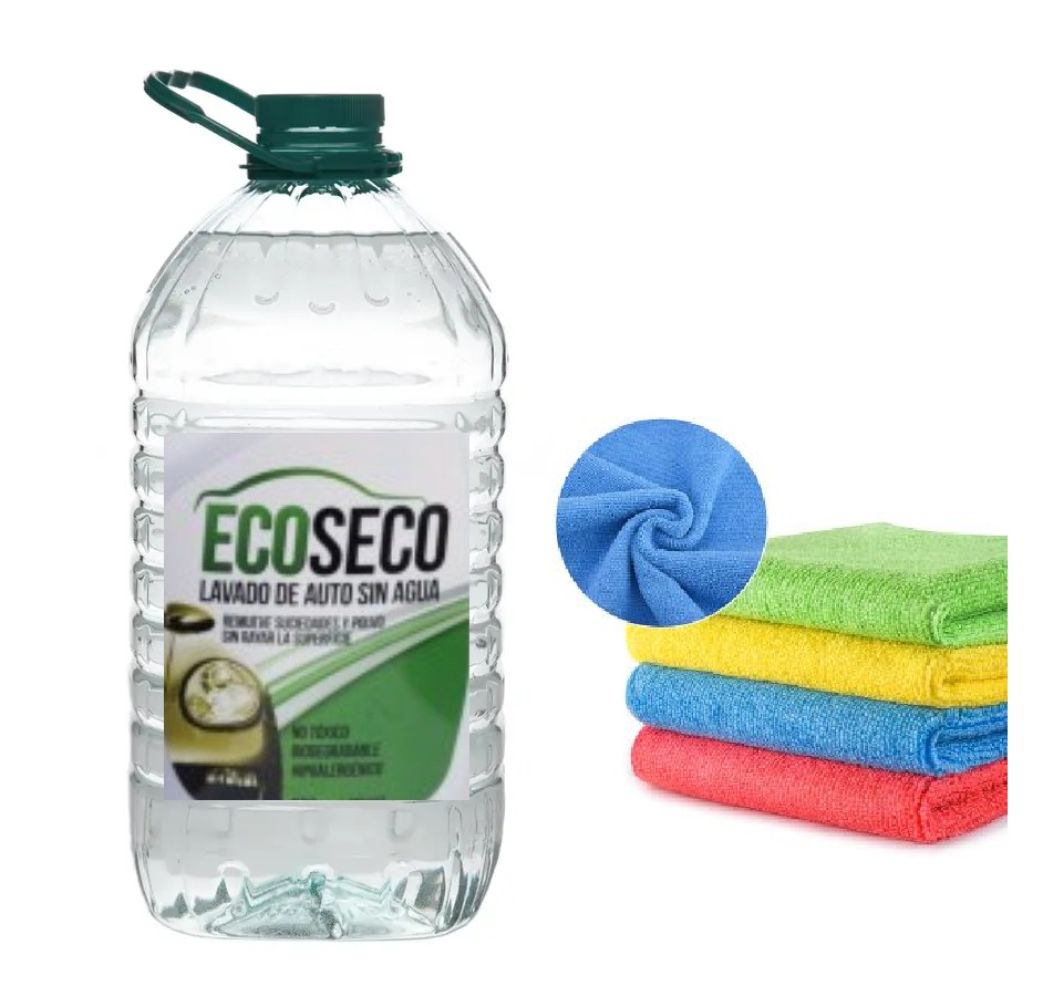 EcoSeco Liquido Formulado P/Lavado En Seco Sin Agua del Automóvil 5 Litros+4 Microfibras 40x40cm+Pulverizador