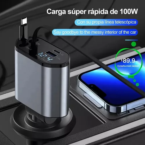 Cargador Auto Carga Rapida / 60w / Cables Tipo C+ Cable Lighting / Puertos Usb + Tipo C / Medidor Voltaje Digital / 12v / Celular GPS Encendedor - Mod.T01 - Imagen 2
