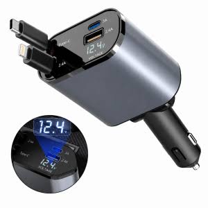 Cargador Auto Carga Rapida / 60w / Cables Tipo C+ Cable Lighting / Puertos Usb + Tipo C / Medidor Voltaje Digital / 12v / Celular GPS Encendedor - Mod.T01 - Imagen 3