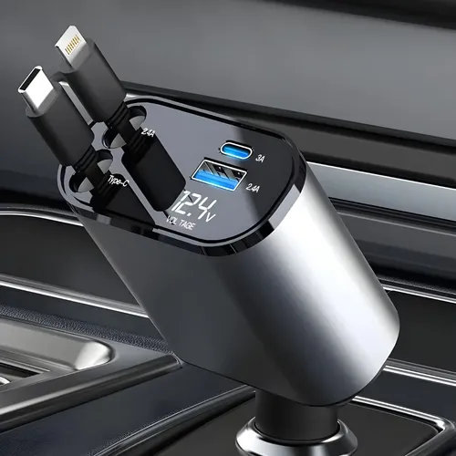 Cargador Auto Carga Rapida / 60w / Cables Tipo C+ Cable Lighting / Puertos Usb + Tipo C / Medidor Voltaje Digital / 12v / Celular GPS Encendedor - Mod.T01 - Imagen 4