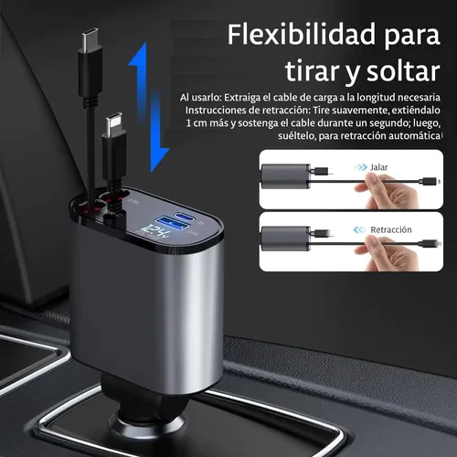 Cargador Auto Carga Rapida / 60w / Cables Tipo C+ Cable Lighting / Puertos Usb + Tipo C / Medidor Voltaje Digital / 12v / Celular GPS Encendedor - Mod.T01 - Imagen 5