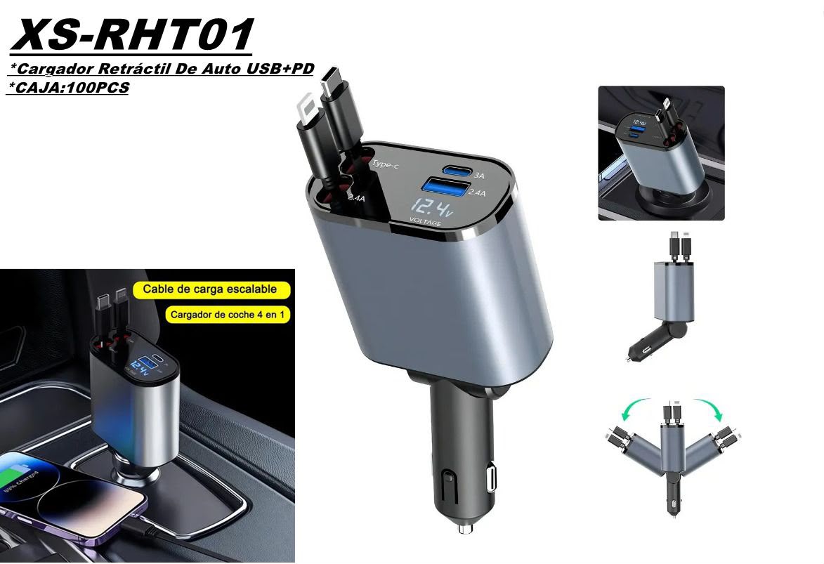 Cargador Auto Carga Rapida / 60w / Cables Tipo C+ Cable Lighting / Puertos Usb + Tipo C / Medidor Voltaje Digital / 12v / Celular GPS Encendedor - Mod.T01 - Imagen 8