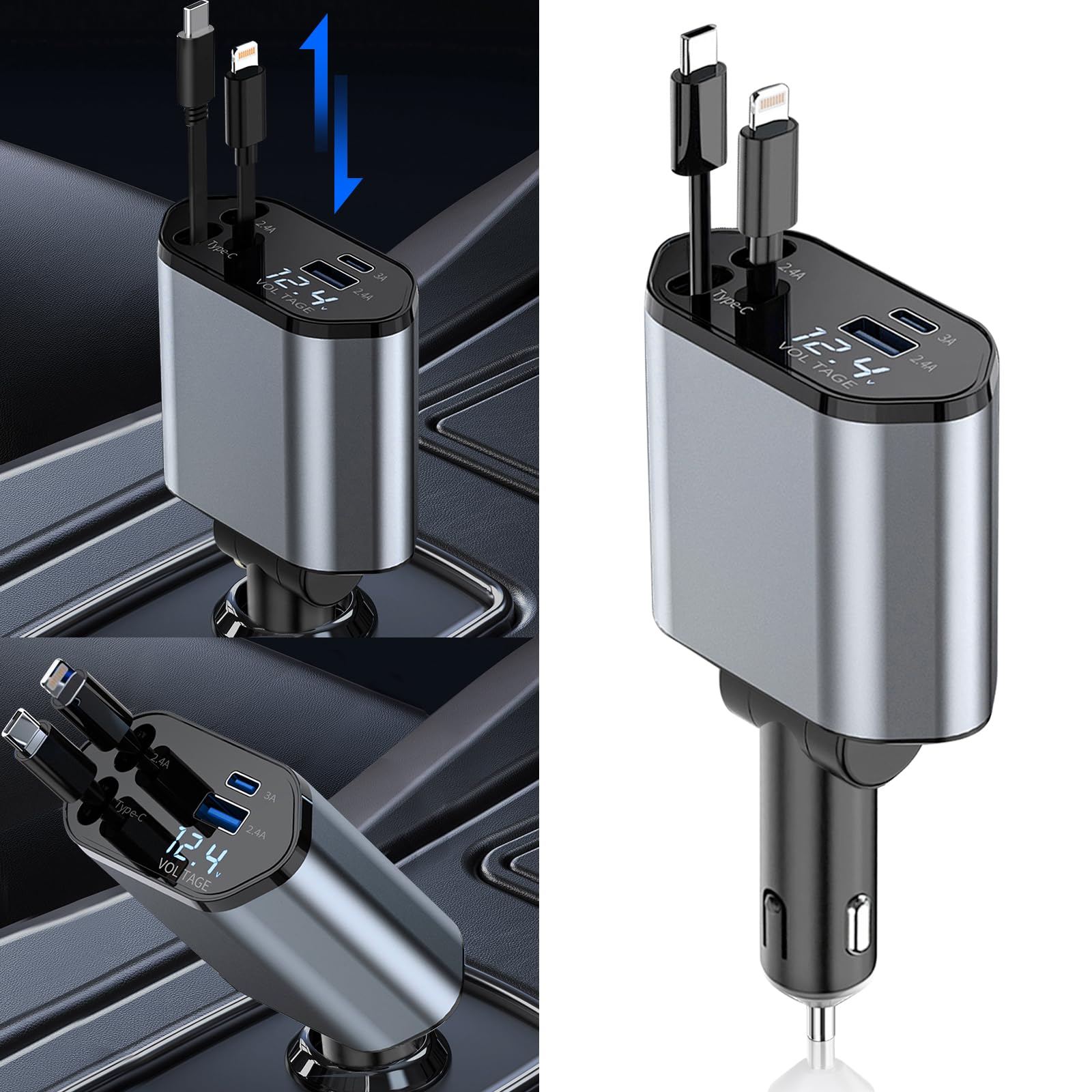 Cargador Auto Carga Rapida / 60w / Cables Tipo C+ Cable Lighting / Puertos Usb + Tipo C / Medidor Voltaje Digital / 12v / Celular GPS Encendedor - Mod.T01 - Imagen 9