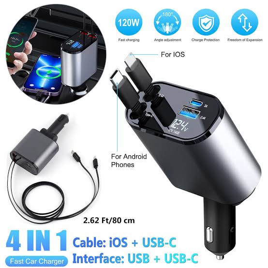 Cargador Auto Carga Rapida / 60w / Cables Tipo C+ Cable Lighting / Puertos Usb + Tipo C / Medidor Voltaje Digital / 12v / Celular GPS Encendedor - Mod.T01 - Imagen 10