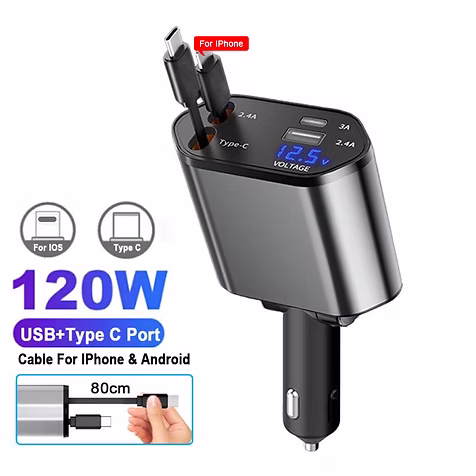 Cargador Auto Carga Rapida / 60w / Cables Tipo C+ Cable Lighting / Puertos Usb + Tipo C / Medidor Voltaje Digital / 12v / Celular GPS Encendedor - Mod.T01 - Imagen 12