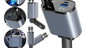 Cargador Auto Carga Rapida / 60w / Cables Tipo C+ Cable Lighting / Puertos Usb + Tipo C /  Medidor Voltaje Digital / 12v / Celular GPS Encendedor - Mod.T01