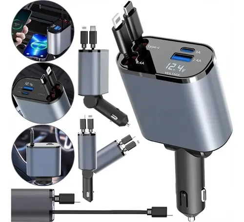 Cargador Auto Carga Rapida / 60w / Cables Tipo C+ Cable Lighting / Puertos Usb + Tipo C / Medidor Voltaje Digital / 12v / Celular GPS Encendedor - Mod.T01