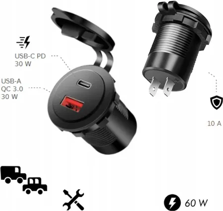 Cargador Moto / Auto / Motorhome Encastre - Doble Puerto / Usb + Tipo C / 12v - Output : DC 5V/2.1-1.0A / Mod.LH26 - Imagen 2